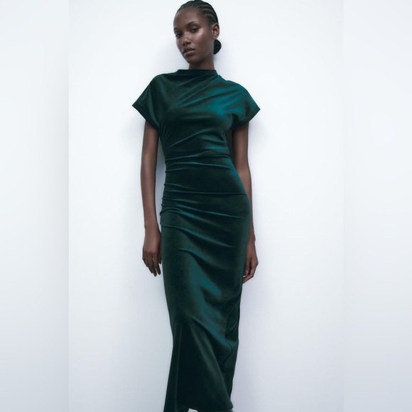 ZARA ~ Green Draped Velvet Dress - Picture 11 of 12